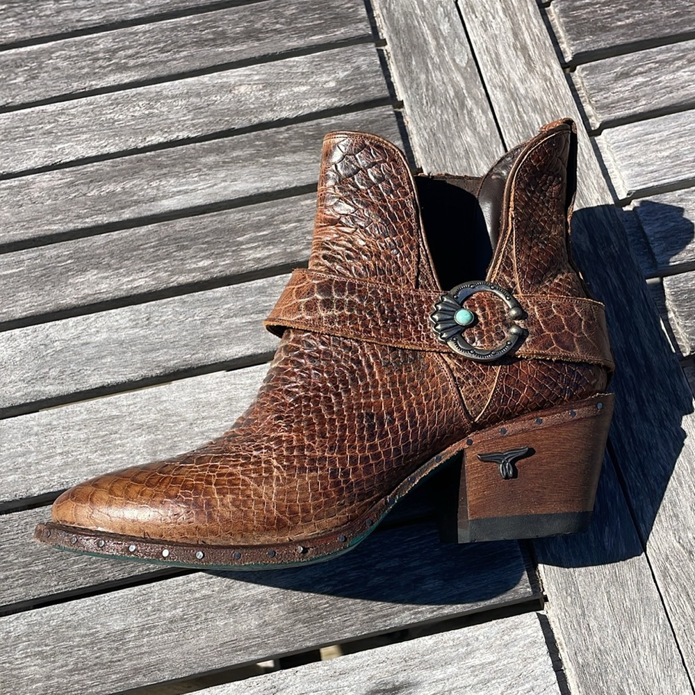 Lane Mattie Sz 7.5 Brown Croc Leather Western Ankle Booties - Picture 9 of 15